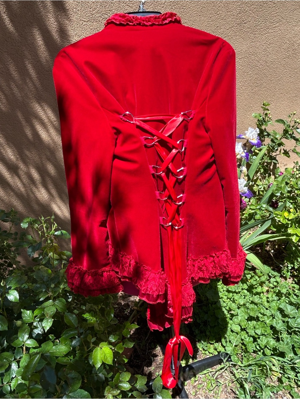 Hearts & Roses Red Ruffled Velvet Blazer with Decorative Buttons - Picture 2 of 6